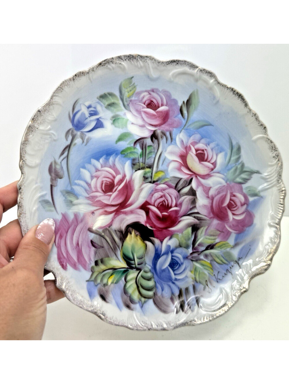 Vtg Hand Painted Pink Rose Plate Scalloped Silver Edge Signed 8.5" Decor Cottage